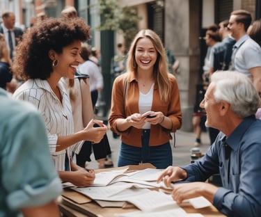 A focused sales team collaborating around a laptop in a modern office.
