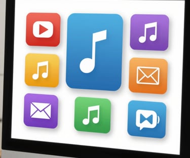 Webpage with integrated music player controls and a sign-up form visible.