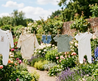 Schone babykleertjes, rompertjes en sokjes, hangen te drogen aan een waslijn in een zonnige tuin