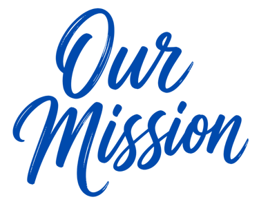 Handwritten blue brush script text reading “Our Mission” in a stacked two-line layout on a clean white background.