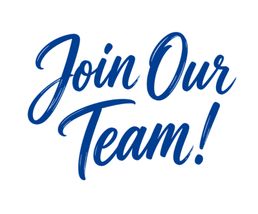 Handwritten blue brush script text reading “Join Our Team” in a stacked two-line layout on a clean white background.