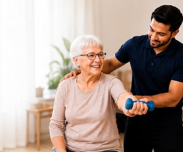 physio assisting elderly patient with exercise