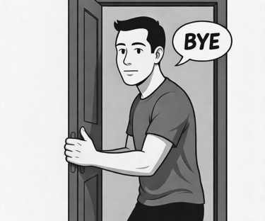 cartoon male  closing door with bye in a speech bubble