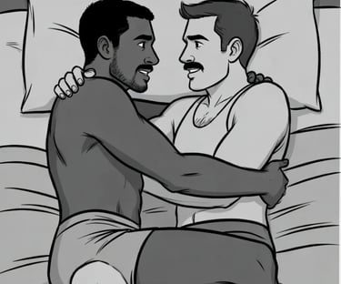 2 males in bed with arms across each other