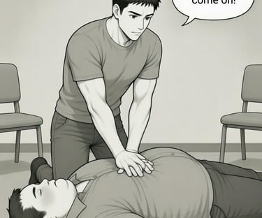 cartoon male sex worker doing cpr on male client laying on floor 