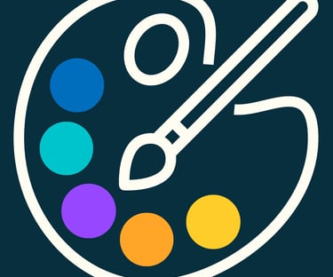 Icône plate de palette de peinture avec des touches de couleurs et un pinceau sur fond sombre.