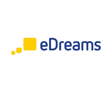 Official eDreams logo featuring blue text and three yellow square icons on a black background.