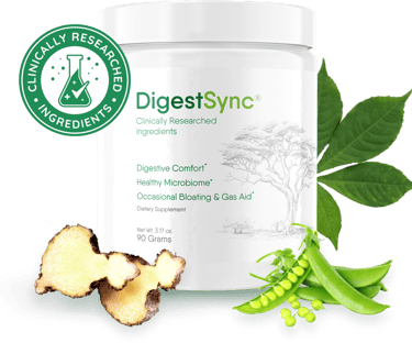 DigestSync digestive supplement powder jar with ginger root and green pea pods for gut health.