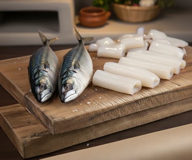 a bunch of fish and vegetables on a cutting board