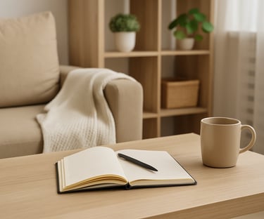 a coffee table with a notebook and a pen and a cup of coffee