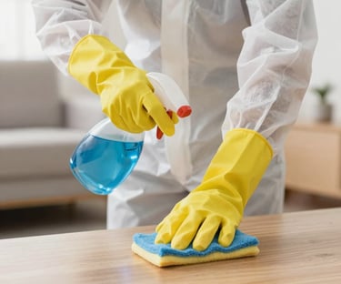 A person wearing yellow gloves cleaning the living room of a house in Georgia.