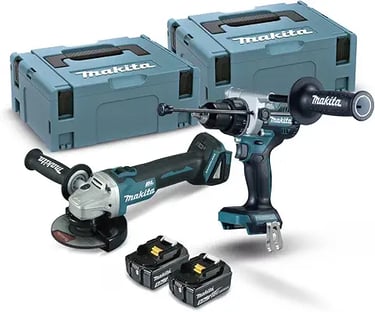 Makita cordless power tool combo kit with angle grinder, hammer drill, batteries, and storage cases.