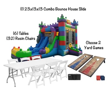 Inflatable combo bounce house slide rental package with folding tables, resin chairs, and cornhole yard games.