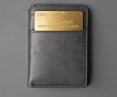 A hand is holding a blue credit card above a white card reader placed on a dark surface. The card features contactless payment symbols, and the reader is positioned on a wooden table.