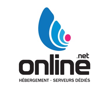 Online.net logo for web hosting and dedicated server services with blue abstract icon.