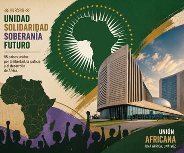 African Union poster featuring the AU headquarters building, map of Africa, and silhouettes of people for unity.