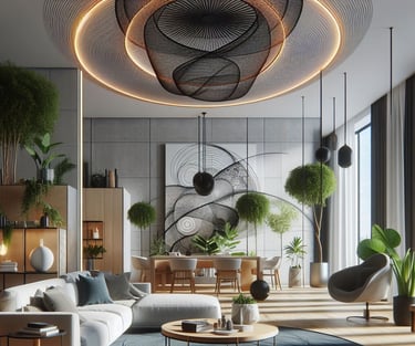 soggiorno con divano e sala da pranzo in stile design biofilico, con elementi naturali come legno, pietra e piante