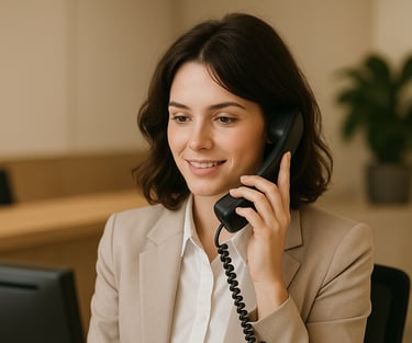 uma mulher de terno e gravata está falando ao telefone