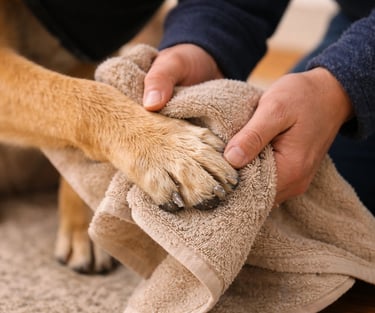 Dog paws being wiped clean after a winter walk.