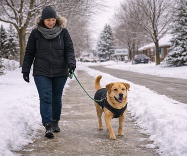 Dog enjoying a winter walk in Oakville with a pet sitter.