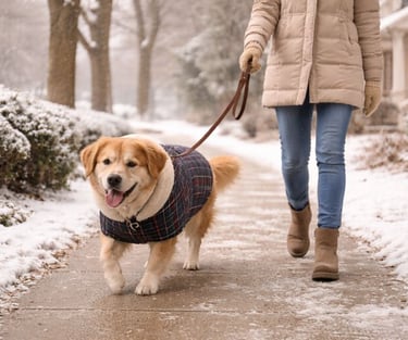 Dog walking safely during winter in Burlington neighborhood