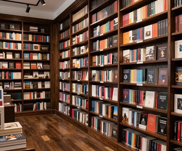 A wide-angle professional photograph of a refined bookstore interior in Maryland, featuring dark wood shelves and a classic, literary atmosphere.