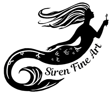 Siren Fine Art logo featuring a black silhouette of a mermaid holding a paintbrush with flowing hair.