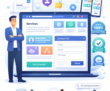 Professional businessman stands by a digital marketing dashboard showing web design and SEO service features.