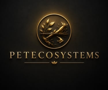 Elegant gold Petecosystems logo featuring a bird and branch icon on a dark textured background.