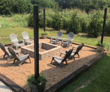a fire pit with chairs and chairs around it