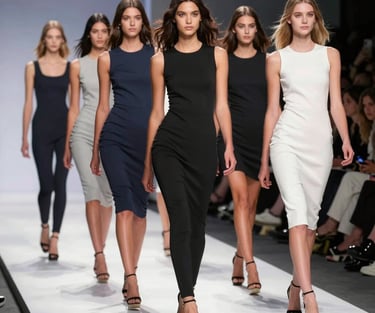 A group of models walking down a runway, with each wearing stylish outfits and high-heeled shoes. The models are arranged in a line, showcasing diverse fashion designs. The background includes a framed photo and spectators seated along the runway.