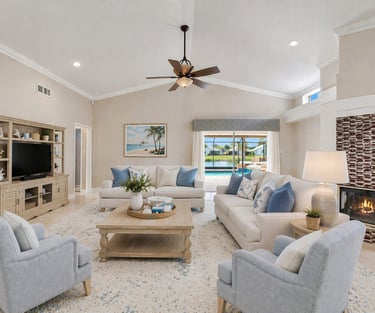 Spacious empty living room after virtual home staging. 