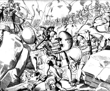 Spartans surrounded by Persians, Battle of Thermopylae. 19th century illustration. Wikipedia