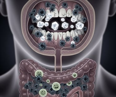 Illustration von Zucker und Bakterien, die Zähne, Mundflora und Darmmikrobiom beeinflussen.