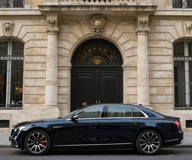 Photography of a sleek, dark navy luxury sedan parked in front of a grand stone entrance in Paris. The image conveys seamless transportation and executive service. European / French style.