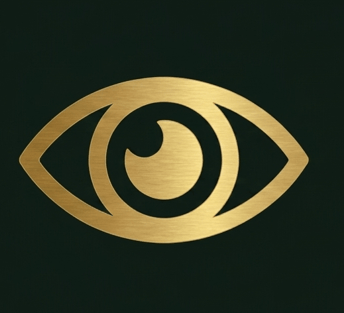 Elegant gold brushed metal eye icon symbol isolated on a dark forest green background.