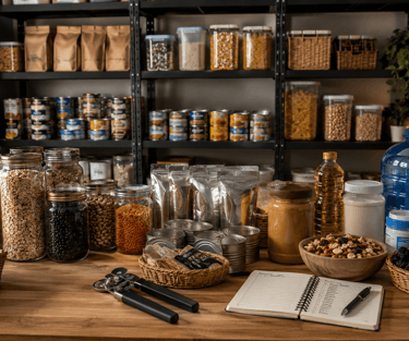 Organized emergency food supply with canned goods, dry grains, and water storage in a pantry.