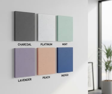 Six textured acoustic wall panels in charcoal, platinum, mint, lavender, peach, and indigo colors.