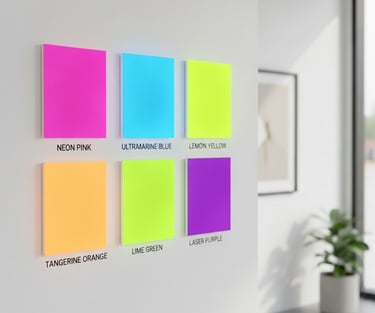Six vibrant neon acrylic wall panels in pink, blue, yellow, orange, green, and purple displayed in a modern room.