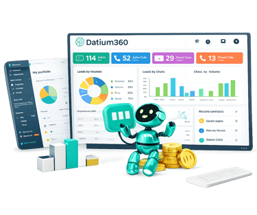 Funcionamiento de Datium360 con panel unificado para WhatsApp, llamadas y métricas con IA