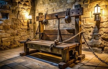 Medieval wooden torture rack with ropes and pulleys inside a dark stone dungeon lit by lanterns.