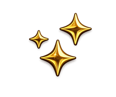 Three shiny gold four-pointed star sparkles isolated on a black background.