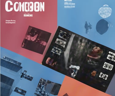 Editorial design layout for a magazine with typography and photos.