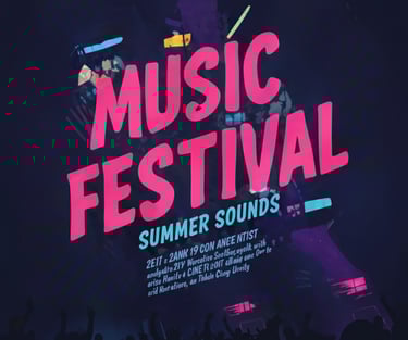 Music festival poster design with vibrant pink and blue typography.