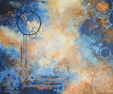Abstract painting in soft blue and earthy tones with layered textures and circular markings, evoking an atmospheric surface