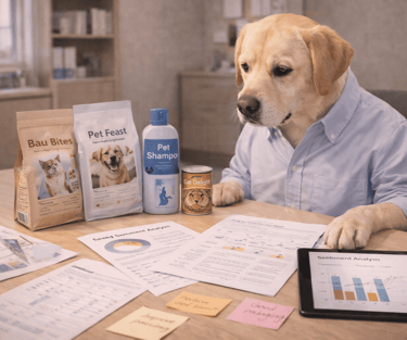 A Labrador in a blue shirt reviewing pet food products and business data analytics.