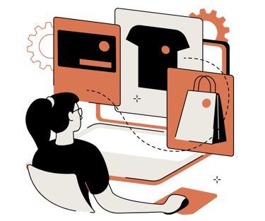 a woman sitting at a computer screen with a shopping bag