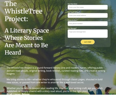 screenshot of thewhistletreeproject.com homepage with a giant green tree with readers under it