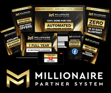 Millionaire Partner System digital marketing course materials and automated business software on multiple devices.