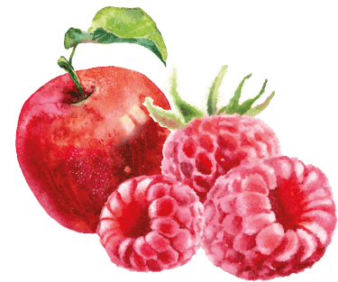 ein roter Apfel und drei Himbeeren